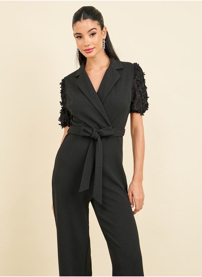 Styli - Floral Applique Sleeves Notch Neck Wide Leg Tailored Jumpsuit - Image 1