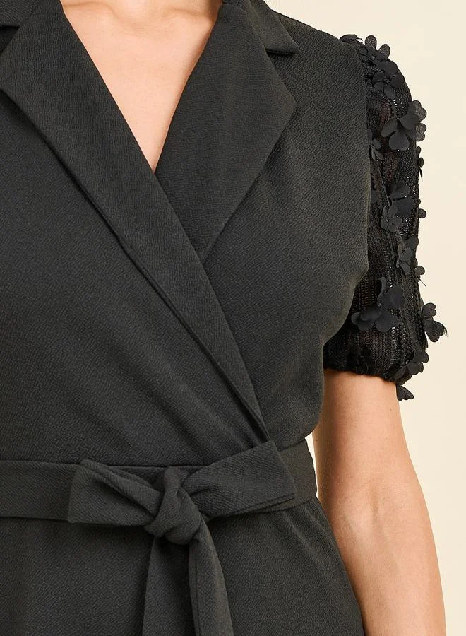 ستايلي Floral Applique Sleeves Notch Neck Wide Leg Tailored Jumpsuit