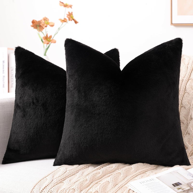 Pallene Faux Fur Plush Throw Pillow Covers 20x20 Set of 2, Luxury Soft Fluffy Cozy Decorative Pillow Covers for Sofa, Couch, Living Room, Black - Image 1