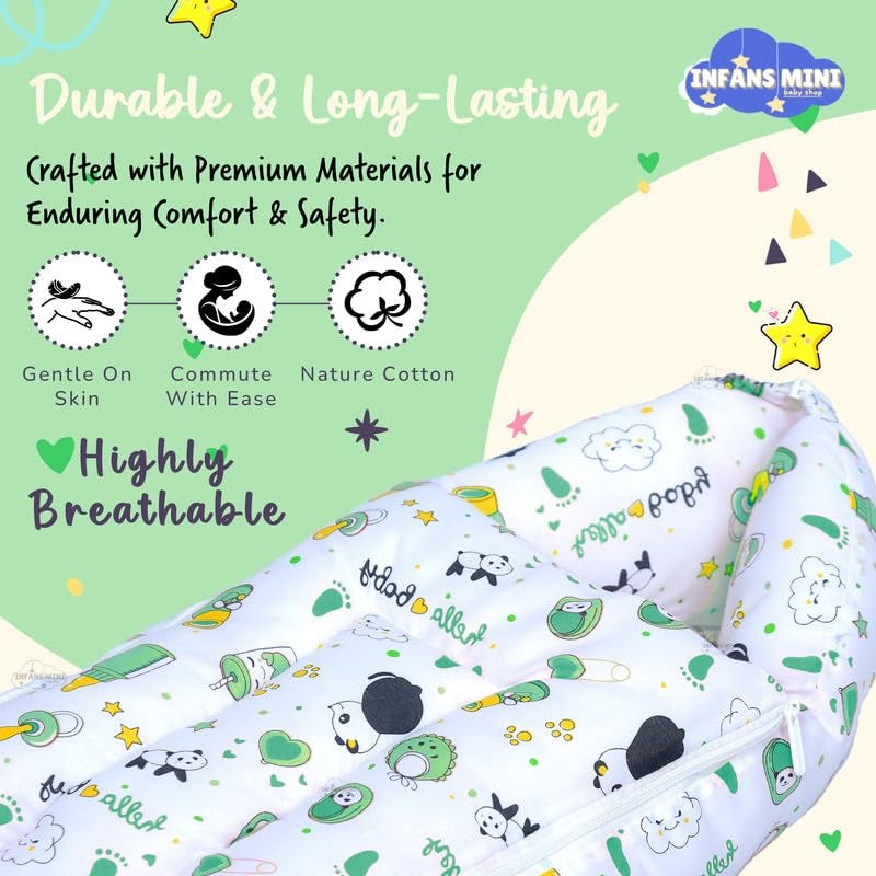 Infans Mini Baby Bed, Sleeping Bag & Carry Nest Cotton|3 in 1 Convertible Portable Bassinet-Nest|Unisex New Born Sleeping Bed for 0-6 Months (Panda Green) - Image 3