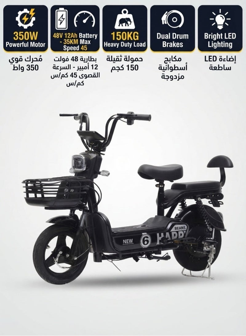 سكوتر كهربائي للبالغين، دراجة كهربائية بمقعدين مع محرك 350 واط، بطارية 48 فولت 12 أمبير، سرعة قصوى 45 كم/س، مدى 35 كم، حمولة ثقيلة 150 كجم، سلة تخزين أمامية وشاشة ديجيتال - أسود - Image 1