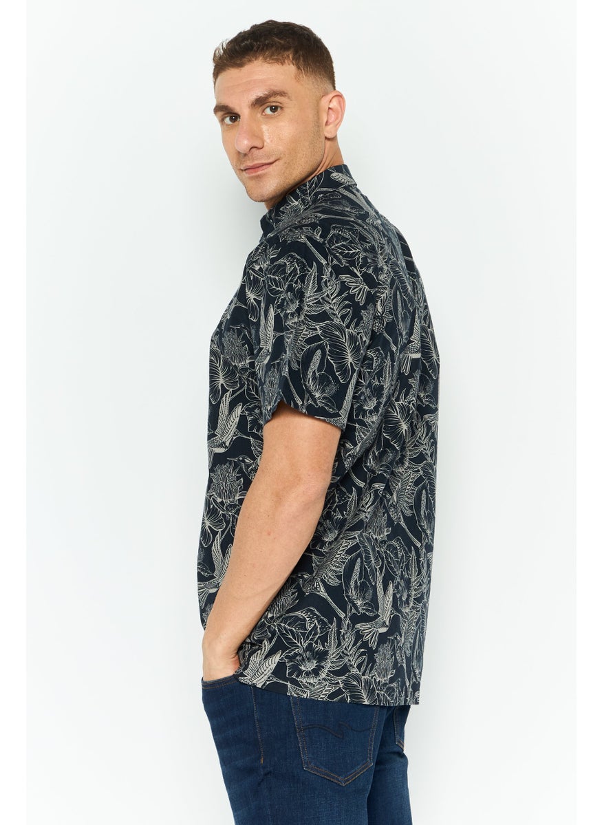 CROSSHATCH Men Regular Fit Allover Print Short Sleeve Casual Shirts, Navy Combo  - Image 3