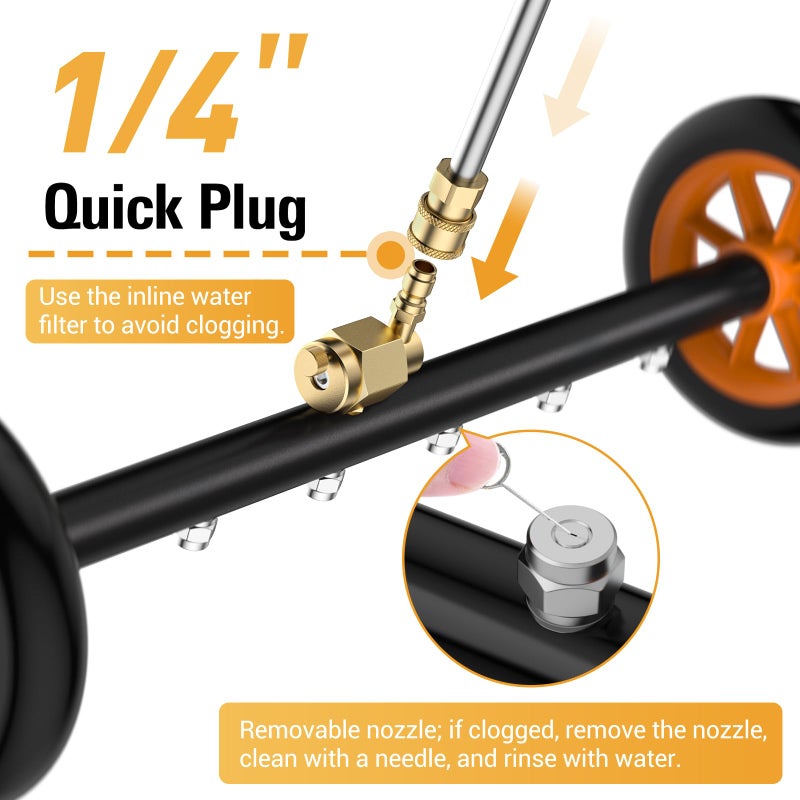 VIGRUE 2-in-1 undercarriage Pressure Washer Attachment,24 Inch Pressure Washer Water Broom with 7 Nozzles,Under Car Washer Cleaner with 3 Pieces Extension Wand,4000 PSI,Orange - Image 4