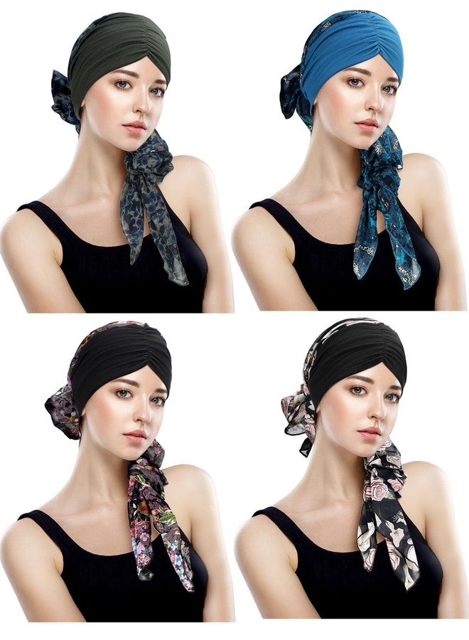 Fourluoo 4 Pcs Chemo Headwear for Women, Cancer Chemo Head Wraps Turbans for Women Patients Breast Cancer Month Gifts (Dark) - Image 1