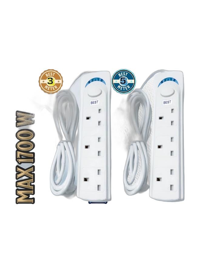 بست أفضل مجموعة توصيلات كهربائية بثلاثة مقابس | تتضمن لوحي تمديد بطول ٣ أمتار و٥ أمتار | محولات توصيل (أبيض) - Image 1