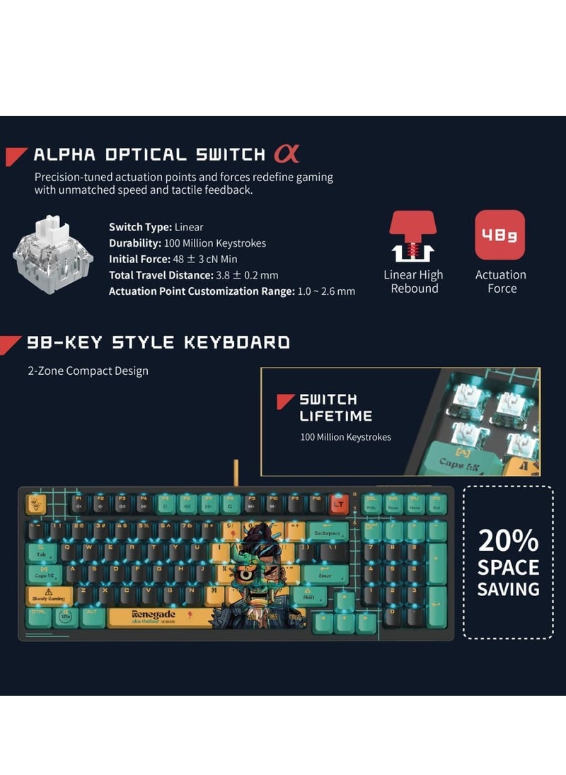 Bloody - Alpha Optical Switch Performance Gaming Keyboard AT98, Adjustable Actuation Point, Gaming PBT Keycaps, 7 RGB Backlit Effects, Stealth Quiet Typing, Renegade Design - Image 1