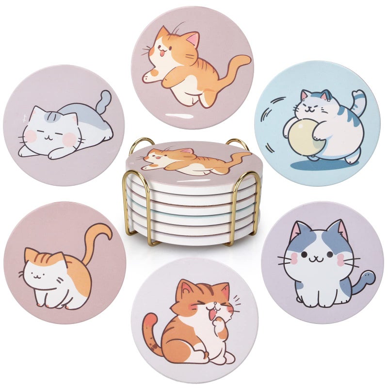 Deceram Cute Coaster Set of 6 Cat Lover Gift for Coffee Table Ceramic Coasters with Holder Drink Coaster Unique Cat Themed Gifts Kawaii Anime Decor Office Desk Beverage Coster Funny Cool Bar Cup Coasters - Image 1