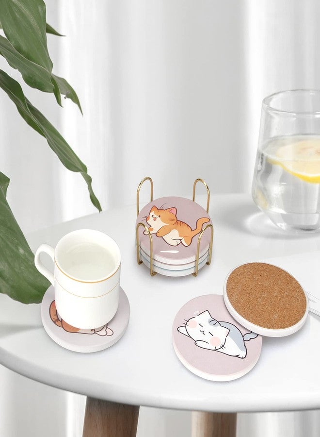 Deceram Cute Coaster Set of 6 Cat Lover Gift for Coffee Table Ceramic Coasters with Holder Drink Coaster Unique Cat Themed Gifts Kawaii Anime Decor Office Desk Beverage Coster Funny Cool Bar Cup Coasters - Image 4
