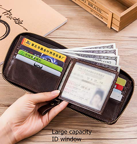 BULLCAPTAIN محفظة بُل كابتن للرجال من الجلد الطبيعي بسحاب، محفظة قابلة للطي مع حماية RFID، حافظة بطاقات الهوية (بني داكن) - Image 5