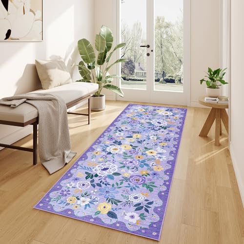 DUKINO 2x6 Runner Rug for Hallway Washable Kitchen Rug with Non Slip Backing Low Pile Soft Boho Floral Runner for Kitchen Hallway Entryway Laundry Bedroom Purple - Image 3