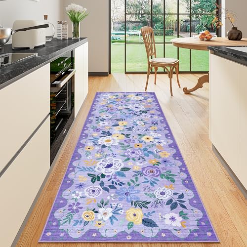 DUKINO 2x6 Runner Rug for Hallway Washable Kitchen Rug with Non Slip Backing Low Pile Soft Boho Floral Runner for Kitchen Hallway Entryway Laundry Bedroom Purple - Image 1