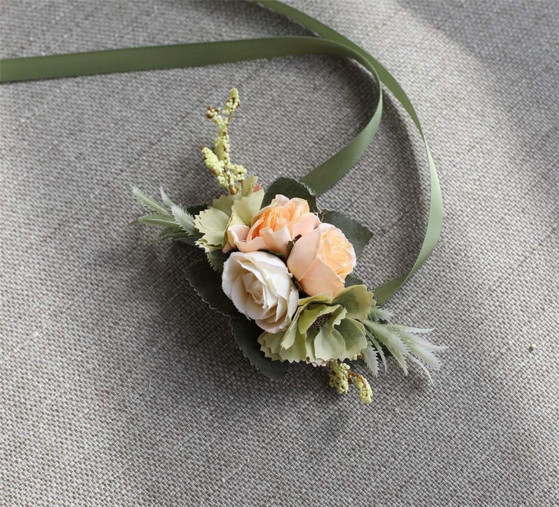 Flonding Rose Wedding Wrist Corsage and Boutonniere Set Party Prom Hand Ribbon Flower Suit Decor (Champagne) - Image 3