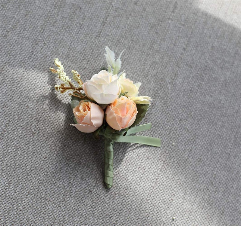 Flonding Rose Wedding Wrist Corsage and Boutonniere Set Party Prom Hand Ribbon Flower Suit Decor (Champagne) - Image 2