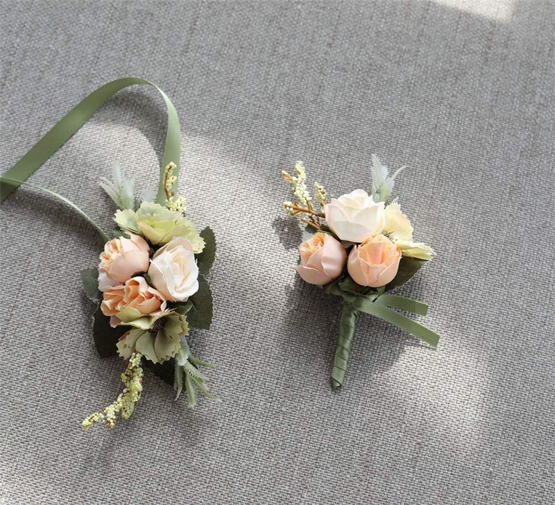 Flonding Rose Wedding Wrist Corsage and Boutonniere Set Party Prom Hand Ribbon Flower Suit Decor (Champagne) - Image 1