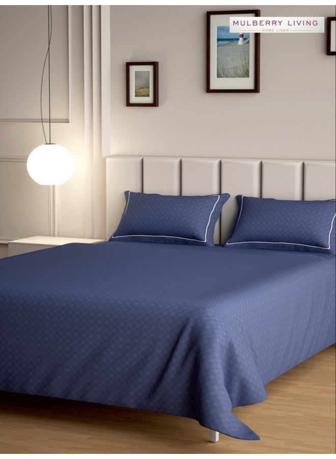 MULBERRY LIVING 100% Cotton - 300Tc Urban Grid Queen Size (250X260 Cms) Flat Bedsheet With 2 Pillow Covers (50X75 Cm) - Mediterranean Blue  - Image 2