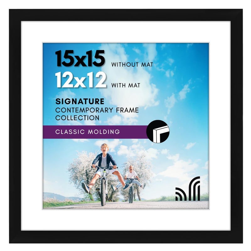Americanflat 15x15 Picture Frame with Shatter-Resistant Glass - Use as 12x12 Frame with Mat or Display 15x15 Photo Without Mat - Signature Collection - Square Frames for Wall Display - Black - Image 1