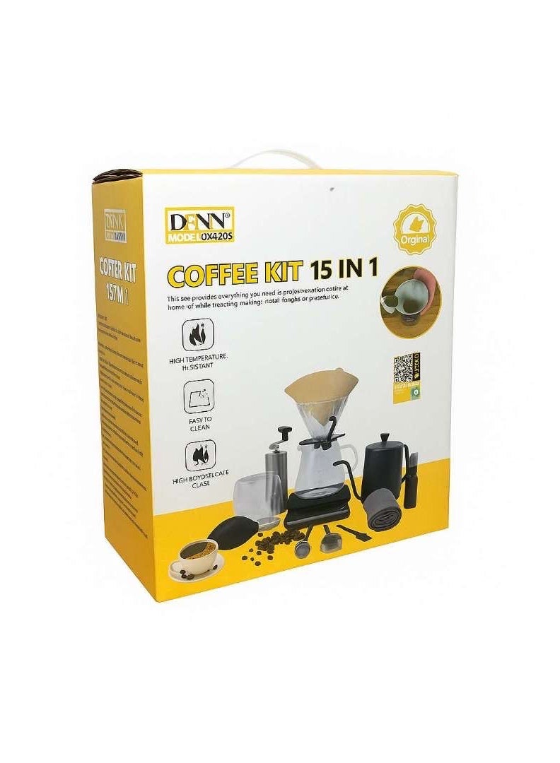 دينكس طقم V60 تحضير القهوة الاحترافي من DENX، 15 في 1 – مطحنة يدوية، سيرفر زجاجي، غلاية ستانلس، ميزان، ترمومتر، فلاتر، كوب، وملحقات كاملة لعشّاق القهوة - Image 2