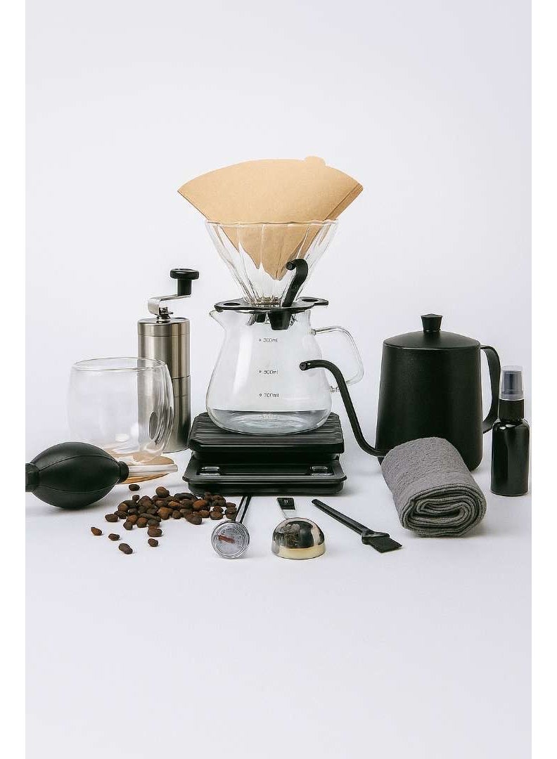 دينكس طقم V60 تحضير القهوة الاحترافي من DENX، 15 في 1 – مطحنة يدوية، سيرفر زجاجي، غلاية ستانلس، ميزان، ترمومتر، فلاتر، كوب، وملحقات كاملة لعشّاق القهوة - Image 1