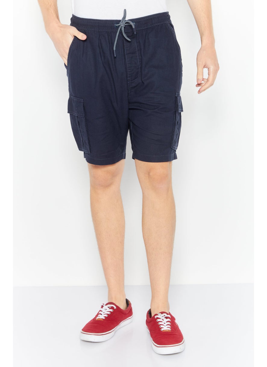 Threadbare Men Solid Drawstring Cargo Shorts, Navy Blue  - Image 1