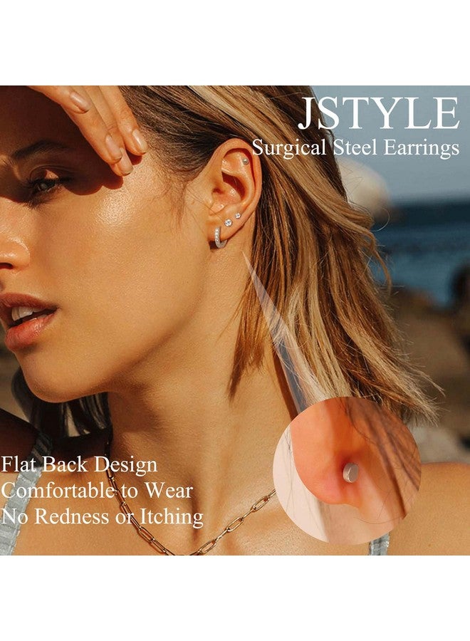 Jstyle Hypoallergenic Surgical Steel Earrings for Sensitive Ears 14K Gold Flat Back Earrings for Women Men Small Stainless Steel Earrings Flatback Stud Hoop Cartilage Earring Set for Multiple Silver A - Image 1