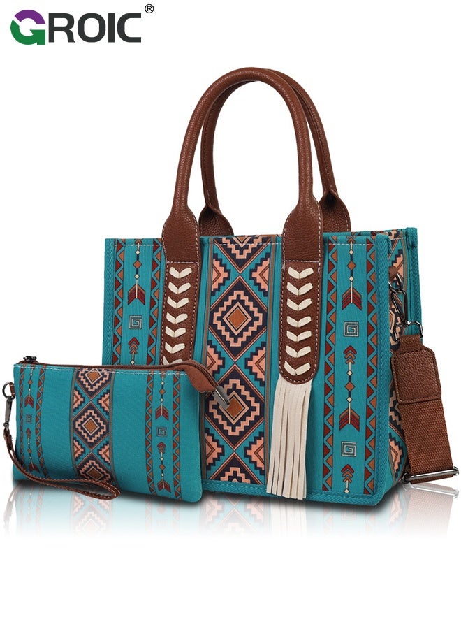 GROIC 2 Pcs Boho Chic Tote Bag Set with Adjustable Strap, Large Capacity Vintage Ethnic Style Shoulder Canvas Bags for Women, Vacation Handbags, Travel Bags - Image 1