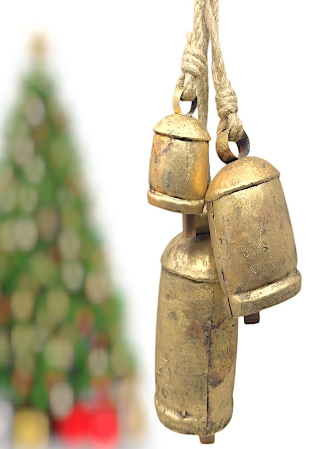 مجموعة من 3 أجراس عيد الميلاد الكبيرة، بتصميم ريفي عتيق، على شكل أجراس أبقار، مصنوعة من المعدن على شكل غزال رنة، لتزيين أكاليل الزهور، مقاس كبير جدًا، بنمط تبتي. - Image 4