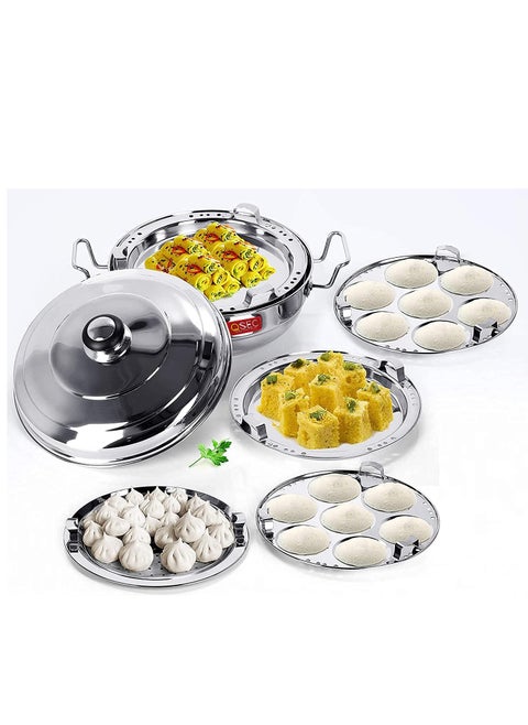 Stainless Steel Idli Cooker Multi Kadai Steamer with sandwich Bottom induction dhokla cooker All-in-One Big Size 5 Plate 2 Idli | 2 Dhokla | 1 Patra | Momo's | 3 in 1 | 285 mm Dia.