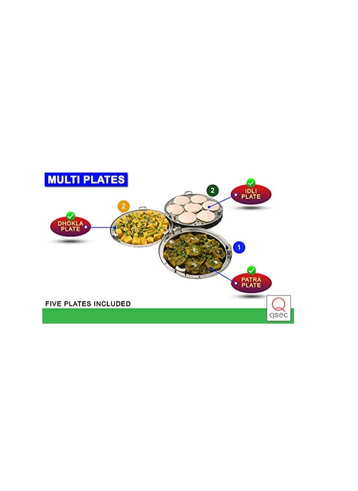 QSEC - Stainless Steel Idli Cooker Multi Kadai Steamer with sandwich Bottom induction dhokla cooker All-in-One Big Size 5 Plate 2 Idli | 2 Dhokla | 1 Patra | Momo's | 3 in 1 | 285 mm Dia. - Image 1