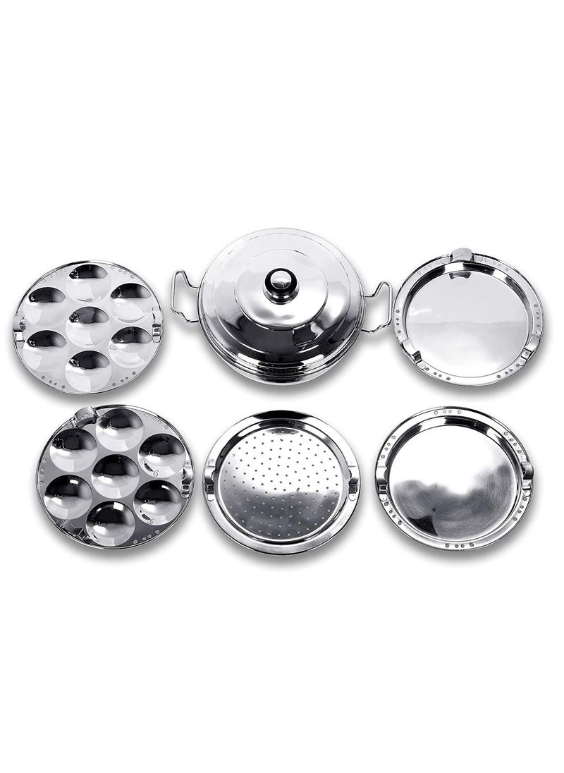 QSEC - Stainless Steel Idli Cooker Multi Kadai Steamer with sandwich Bottom induction dhokla cooker All-in-One Big Size 5 Plate 2 Idli | 2 Dhokla | 1 Patra | Momo's | 3 in 1 | 285 mm Dia. - Image 1