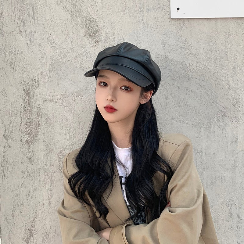 Black PU Leather Octagonal Beret Hat for Women Winter - Image 3