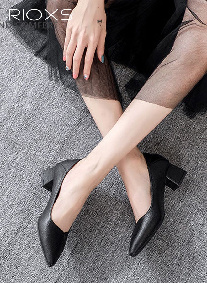 Pointed Toe Women’s Low 5cm Chunky Block Heel Pumps Soft PU Leather Slip-On Dress Shoes Comfortable Black Classic Work Office Wedding Travel Daily Wear Shoes - Image 5