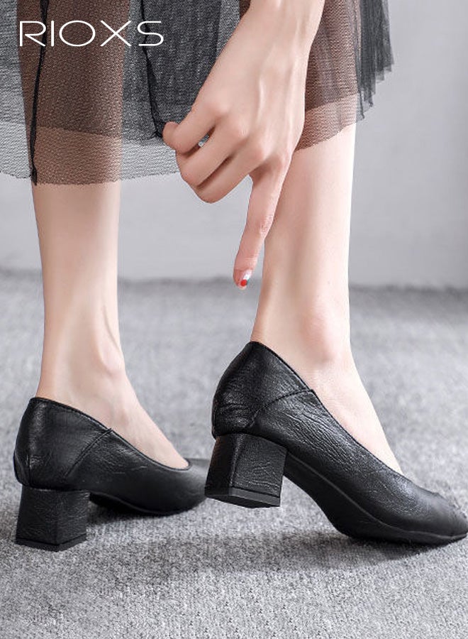 Pointed Toe Women’s Low 5cm Chunky Block Heel Pumps Soft PU Leather Slip-On Dress Shoes Comfortable Black Classic Work Office Wedding Travel Daily Wear Shoes - Image 4