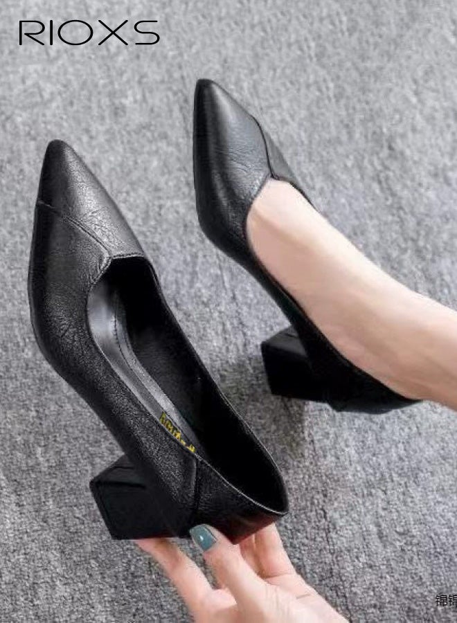 Pointed Toe Women’s Low 5cm Chunky Block Heel Pumps Soft PU Leather Slip-On Dress Shoes Comfortable Black Classic Work Office Wedding Travel Daily Wear Shoes - Image 1