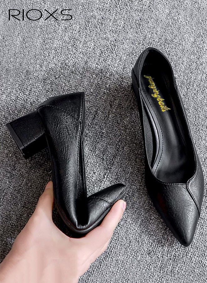 Pointed Toe Women’s Low 5cm Chunky Block Heel Pumps Soft PU Leather Slip-On Dress Shoes Comfortable Black Classic Work Office Wedding Travel Daily Wear Shoes - Image 2