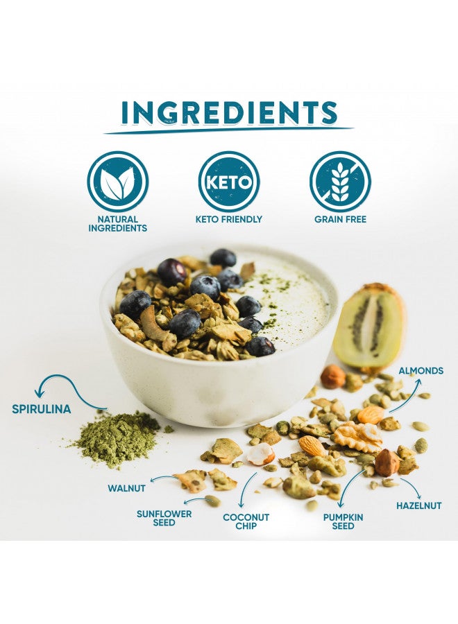 Andes Secret Andes Secret Spirulina Low Calorie Granola - 11oz High Protein Cereal, Keto Low Carb Granola for Yogurt - Nut Mix Almonds, Walnuts, Hazelnuts - 3g Net Carbs, No Sugar Added, Grain & Gluten Free  - Image 2