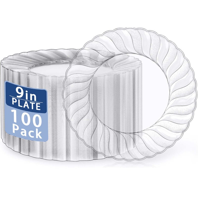UQE 100 Pieces Clear Plastic Plates  9 Inch Clear Disposable Plates  Washable  Reusable  Premium Hard Plates  Party Supplies for Birthdays Celebrations Travel Wedding Party and Events