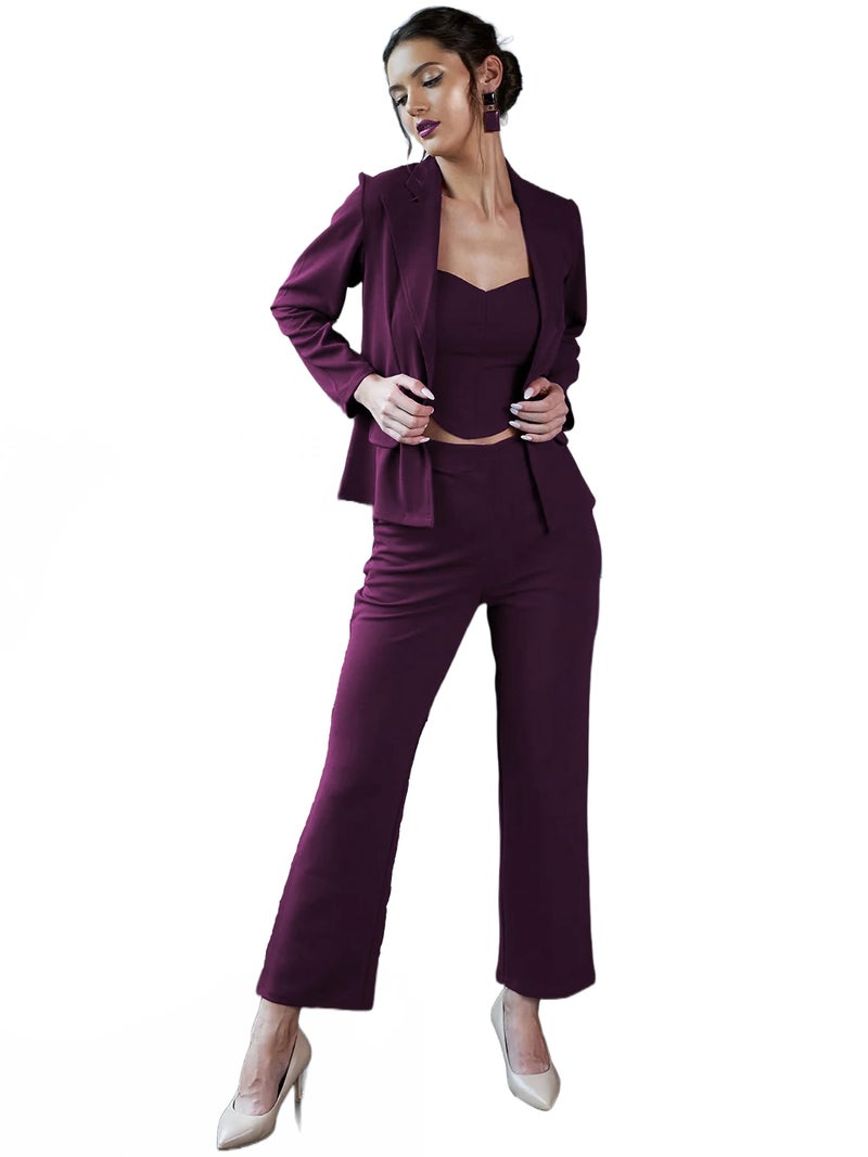 Florely Women's Lycra Solid Three Piece Outfits Blazer Co-Ord Set Women Outdoor Wear Maxi Dress Crop top Party Dress Stylish Latest Dresses (Small, Wine) - Image 1