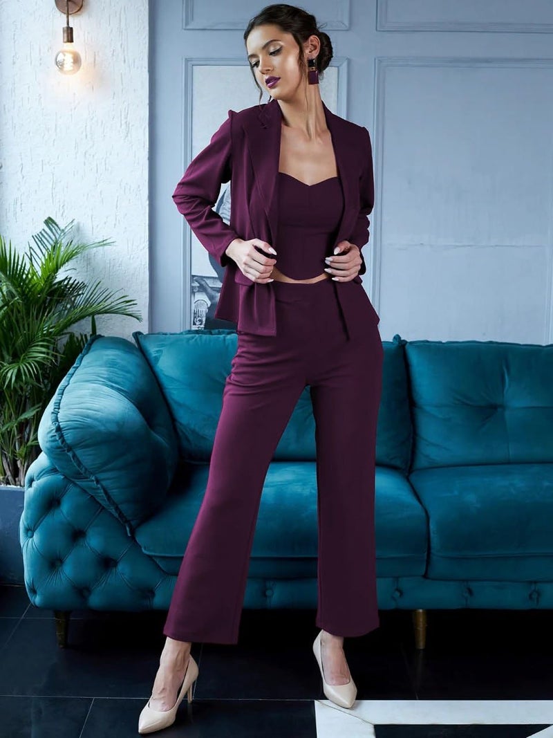 Florely Women's Lycra Solid Three Piece Outfits Blazer Co-Ord Set Women Outdoor Wear Maxi Dress Crop top Party Dress Stylish Latest Dresses (Small, Wine) - Image 2