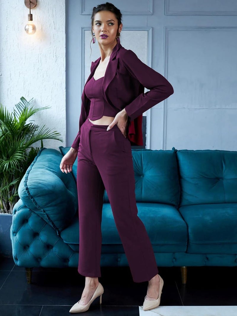 Florely Women's Lycra Solid Three Piece Outfits Blazer Co-Ord Set Women Outdoor Wear Maxi Dress Crop top Party Dress Stylish Latest Dresses (Small, Wine) - Image 4