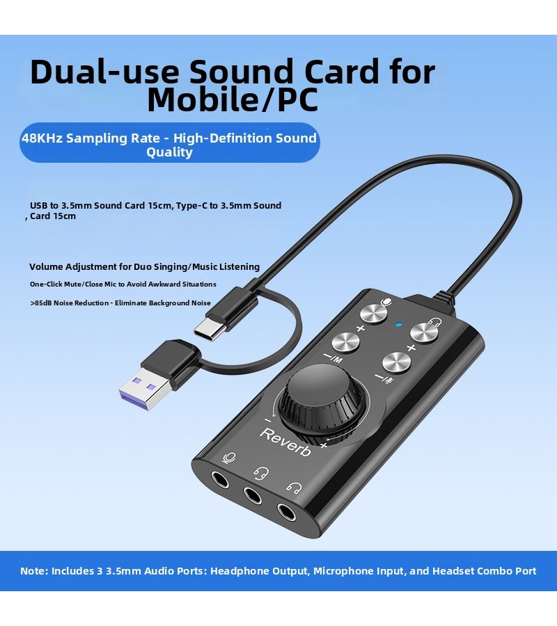 بطاقة الصوت USB 7.1 برو لايف ستريم مع مغير الصوت عالي الوضوح 48 كيلو هرتز للهواتف وأجهزة الكمبيوتر، واجهة من نوع C مزدوجة الاستخدام للمكالمات الصوتية والكاريوكي والألعاب، مع زر كتم الصوت وضبط مستوى الصوت. - Image 3