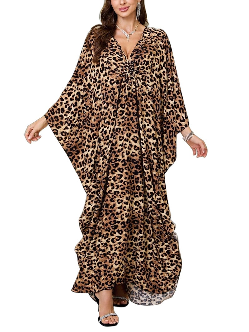 KEYLORTING Womenâ€™s Kaftan Beach Cover Up Dress Plus Size Summer Swimsuit Loungewear Maxi Dress Brown Leopard - Image 1