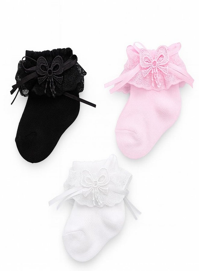 CUTEABLY Baby Girl Ruffle Lace Socks, Pack of 3, Black Pink White (IN, Age, 18 Months, 24 Months, Multicolour) - Image 1