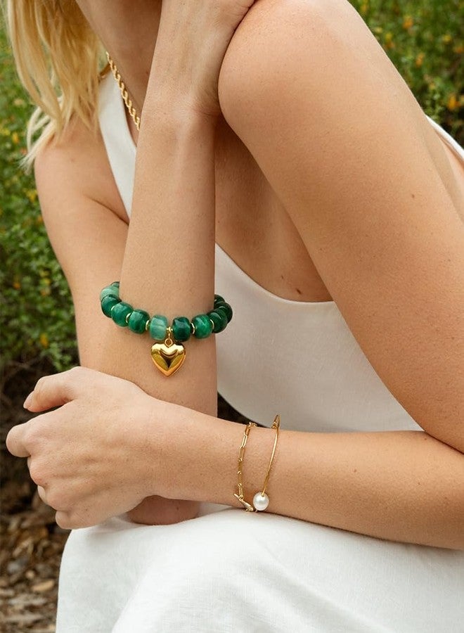 FAUTHENTICUTE Boho Green Beaded Bracelets for Women Chunky Bead Strand With A Small Gold Heart Charm Trendy Stacking Bracelet Gift Perfect Summer Beach Jewelry Gift - Image 3