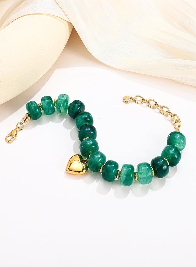 FAUTHENTICUTE Boho Green Beaded Bracelets for Women Chunky Bead Strand With A Small Gold Heart Charm Trendy Stacking Bracelet Gift Perfect Summer Beach Jewelry Gift - Image 5