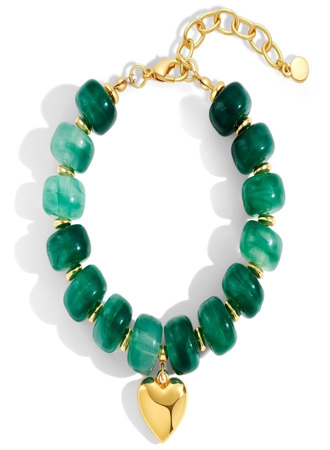 FAUTHENTICUTE Boho Green Beaded Bracelets for Women Chunky Bead Strand With A Small Gold Heart Charm Trendy Stacking Bracelet Gift Perfect Summer Beach Jewelry Gift - Image 1