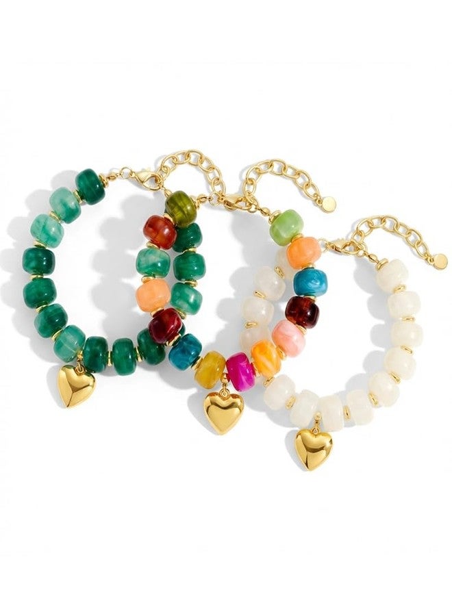 FAUTHENTICUTE Boho Green Beaded Bracelets for Women Chunky Bead Strand With A Small Gold Heart Charm Trendy Stacking Bracelet Gift Perfect Summer Beach Jewelry Gift - Image 2