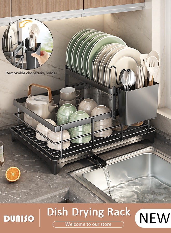 DUNISO 2-Tier Dish Drying Rack, Space Saving Dish Drying Stand for Kitchen Counter, Stainless Steel Dish Drainer with Cups Holder for Dishes, Knives, Spoons, Forks - Image 1