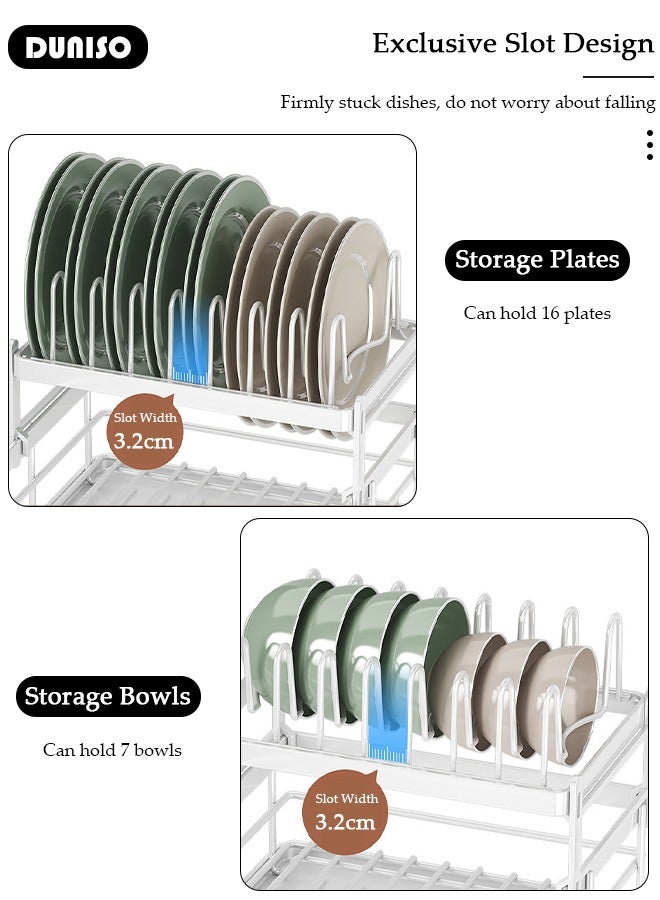 DUNISO 2-Tier Dish Drying Rack, Space Saving Dish Drying Stand for Kitchen Counter, Stainless Steel Dish Drainer with Cups Holder for Dishes, Knives, Spoons, Forks - Image 2