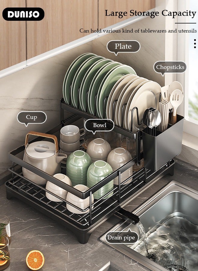 DUNISO 2-Tier Dish Drying Rack, Space Saving Dish Drying Stand for Kitchen Counter, Stainless Steel Dish Drainer with Cups Holder for Dishes, Knives, Spoons, Forks - Image 3