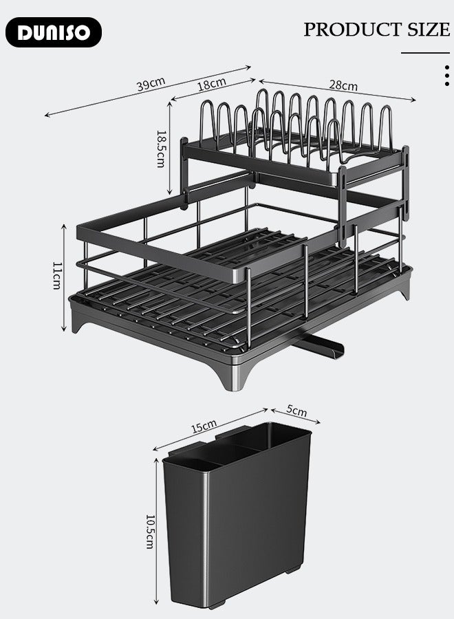 DUNISO 2-Tier Dish Drying Rack, Space Saving Dish Drying Stand for Kitchen Counter, Stainless Steel Dish Drainer with Cups Holder for Dishes, Knives, Spoons, Forks - Image 4